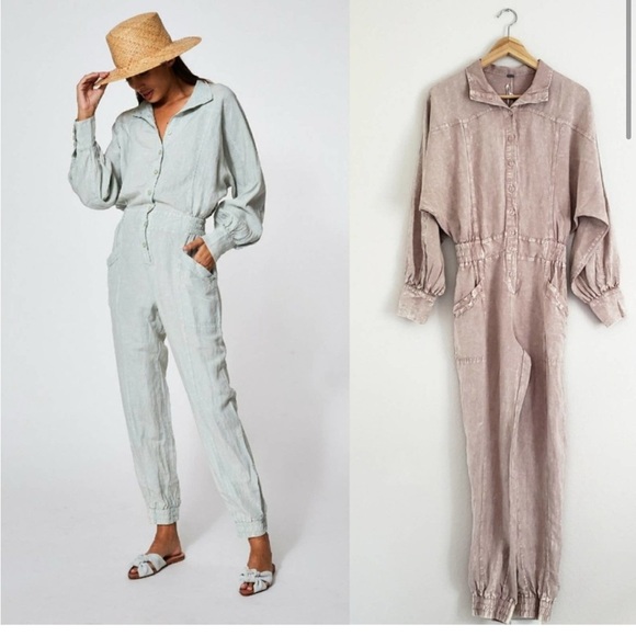 YFB Louie Long Sleeve Linen Jumpsuit in Blush Pink - Picture 1 of 6